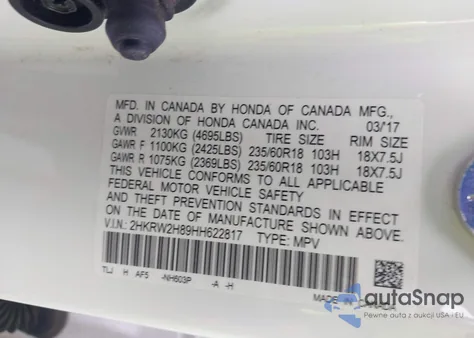 2017 Honda Cr-V Ex-L/Ex-L Navi from USA, damaged, VIN 2HKRW2H89HH622817